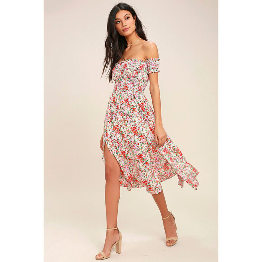 Lulus View From The Meadow Cream Floral Print Off-the-shoulder Dress Beige